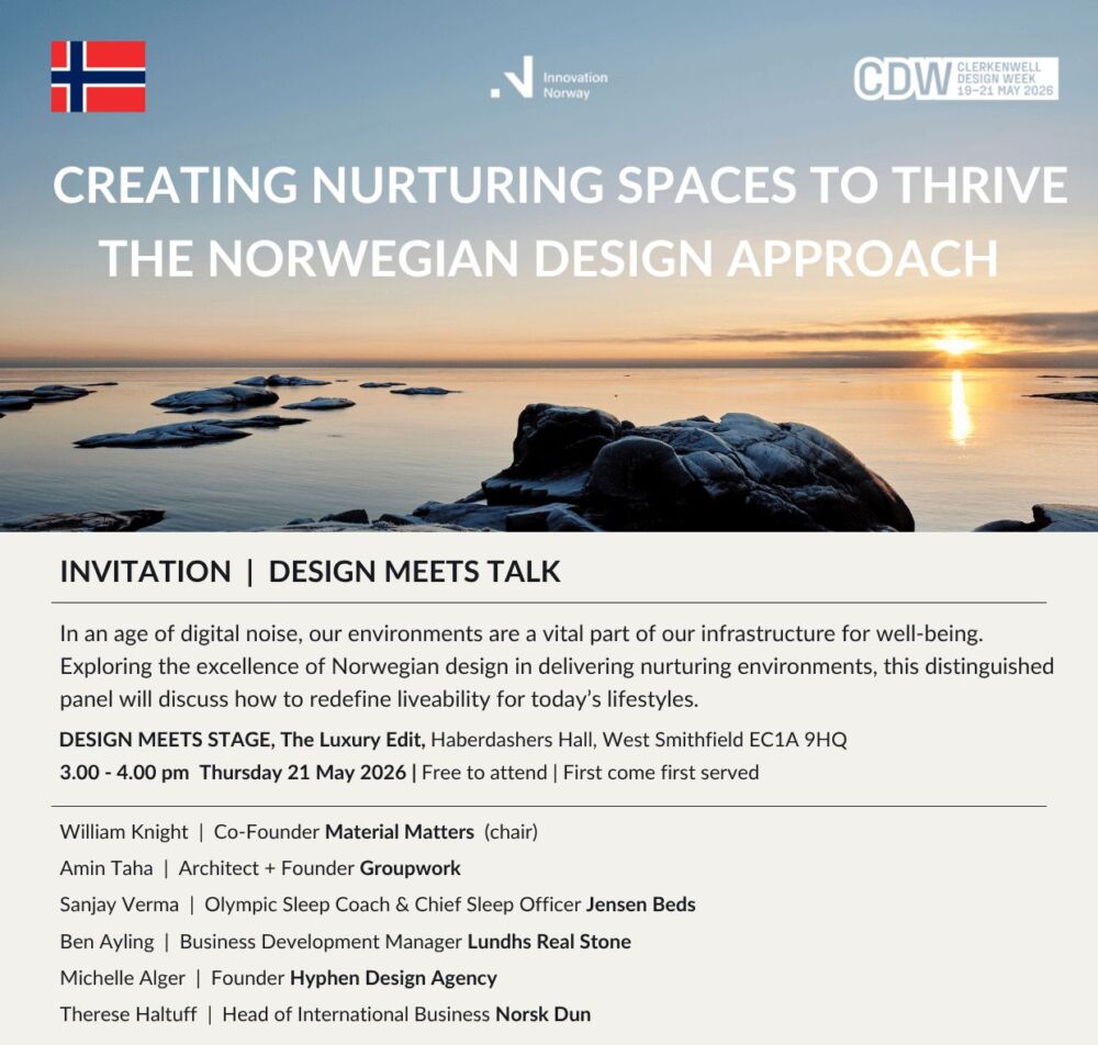 The Norwegian International Collection Debuts at CDW26 presenting Eikund, Jensen Beds, Lundhs Real Stone, and Norsk Dun.